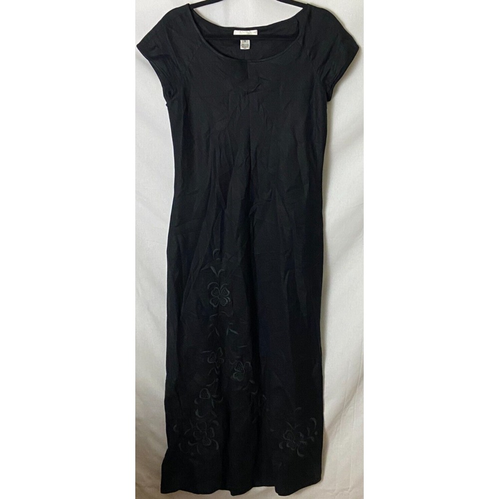 Evan Picone Womens 8 Black Sleeveless Dress 100% Linen Embroidery Ankle Length